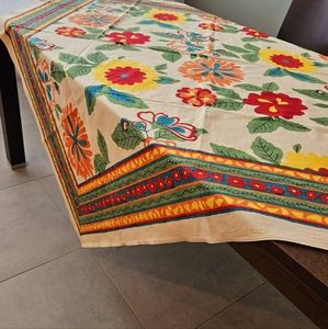 Colorful Pacific and Rose Country French Cotton Tablecloth, "Flower Power."